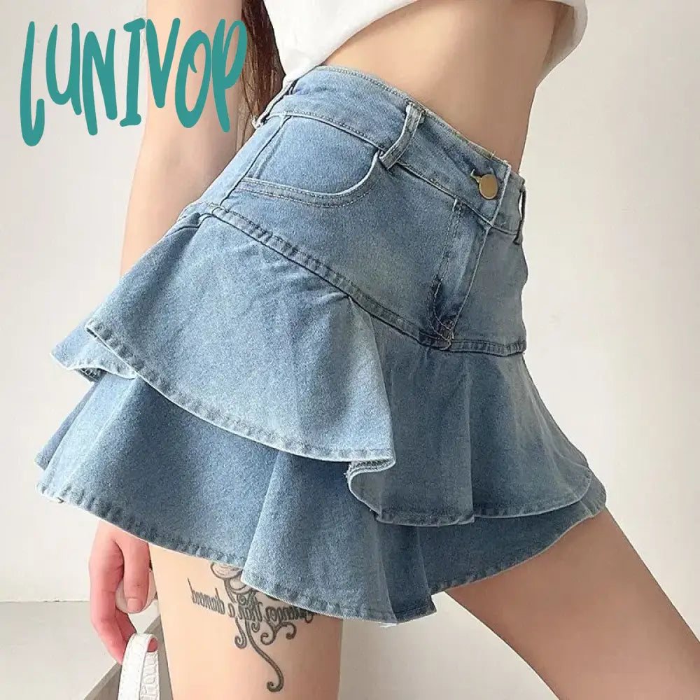 Lunivop Vintage Denim Skirt Shorts Women Summer Korean Fashion High Waist A-Line Slim Cute Sexy