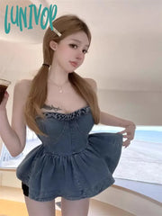 Lunivop Vintage Denim Strapless Vest For Women 2024 Mmer New Slim Waist Ruffles Tank Top Y2K E-Girl