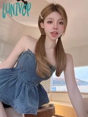 Lunivop Vintage Denim Strapless Vest For Women 2024 Mmer New Slim Waist Ruffles Tank Top Y2K E-Girl