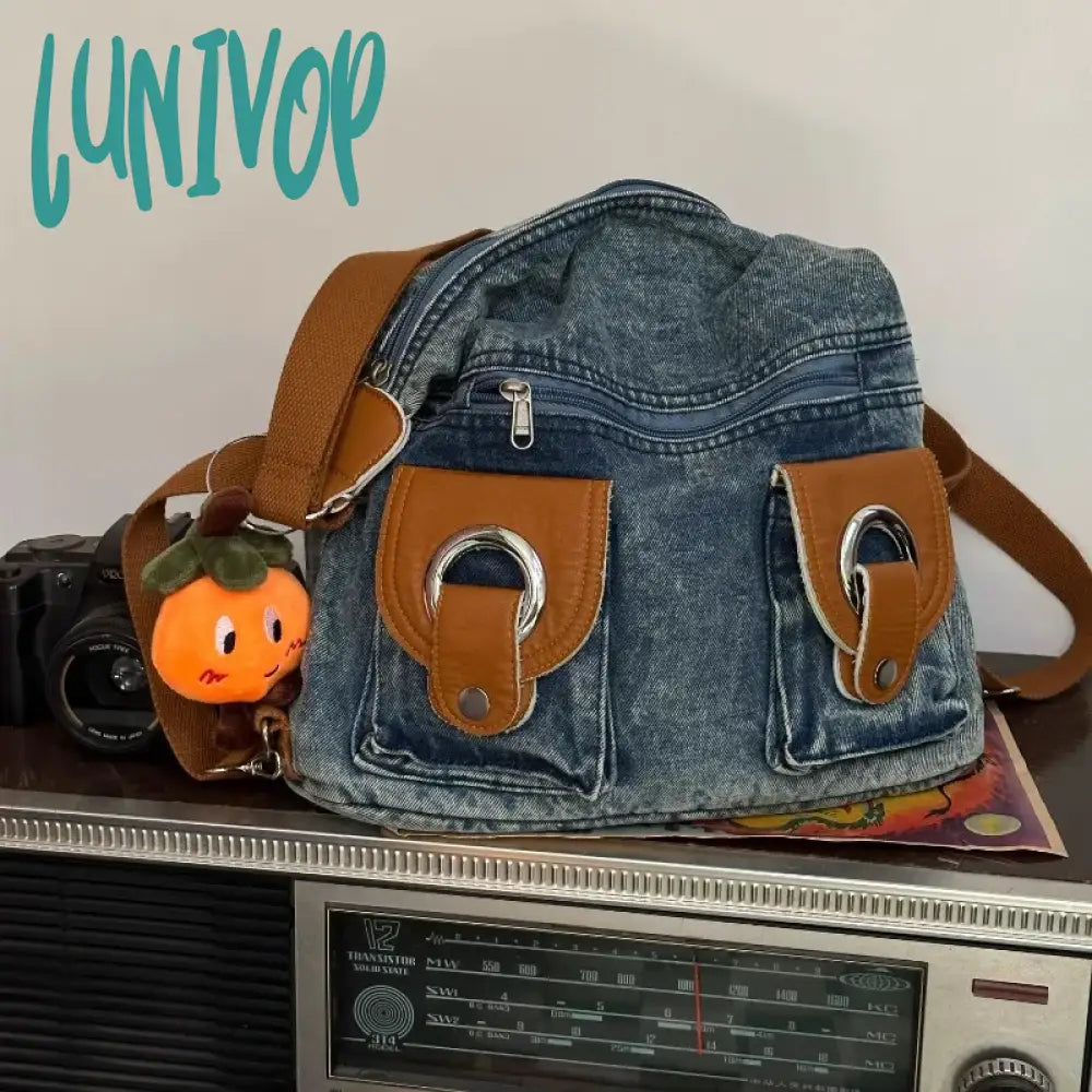 Lunivop Vintage Denim Womens Shoulder Bag Large Capacity 2024 New Fashion Student Backpack Korean