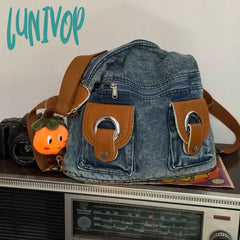 Lunivop Vintage Denim Womens Shoulder Bag Large Capacity 2024 New Fashion Student Backpack Korean