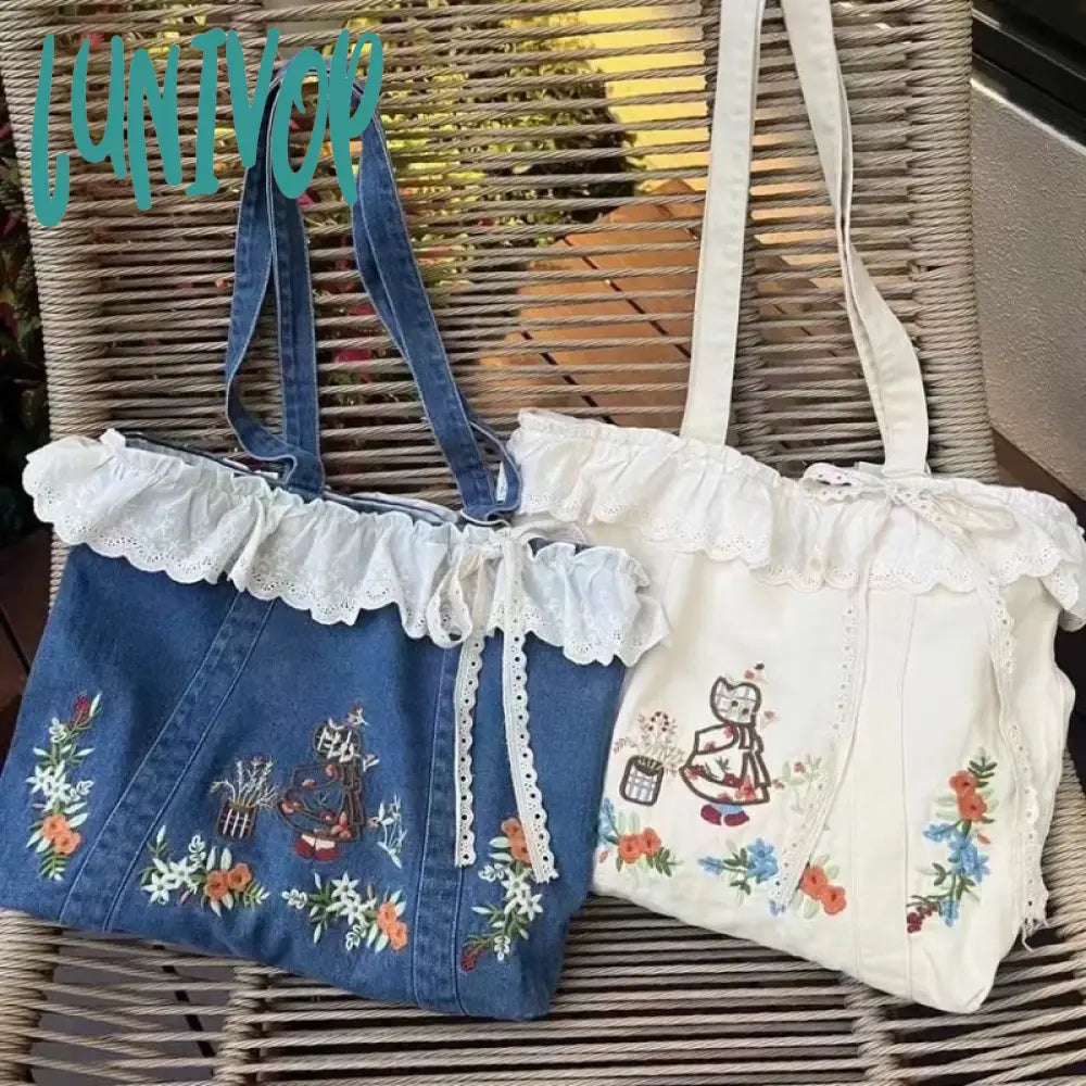 Lunivop Vintage Elegant Womens Tote Bag Blue Denim Aesthetic Embroidery Literary Sweet Shoulder