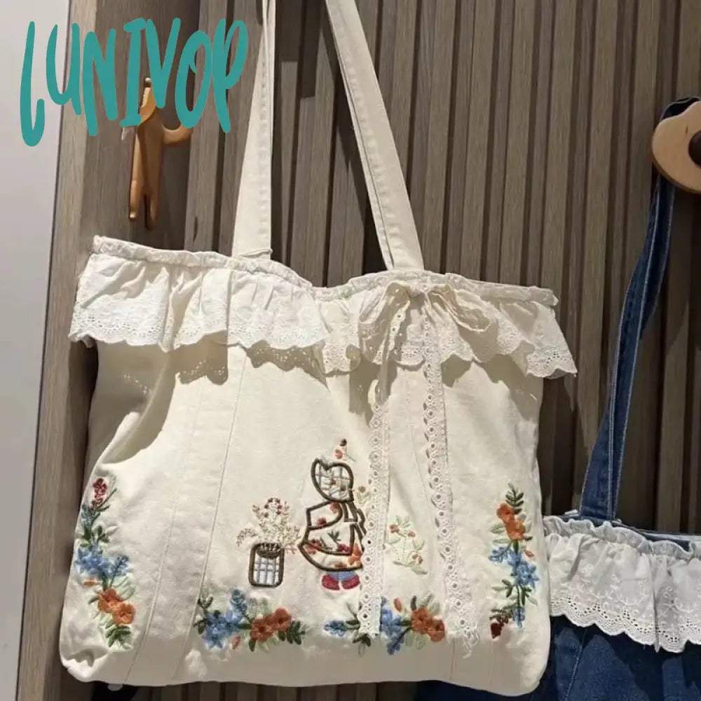 Lunivop Vintage Elegant Womens Tote Bag Blue Denim Aesthetic Embroidery Literary Sweet Shoulder