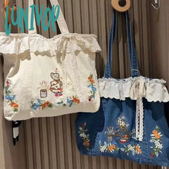 Lunivop Vintage Elegant Womens Tote Bag Blue Denim Aesthetic Embroidery Literary Sweet Shoulder