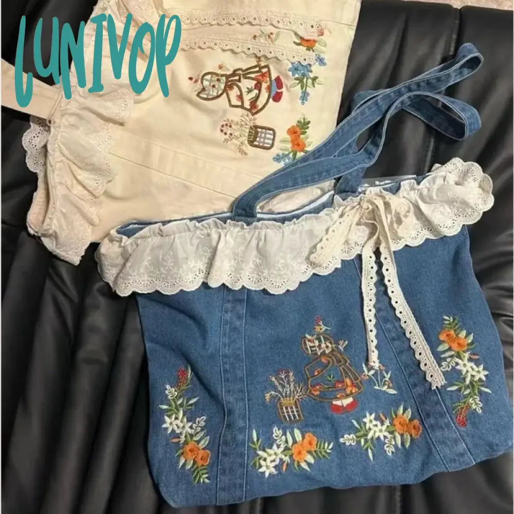 Lunivop Vintage Elegant Womens Tote Bag Blue Denim Aesthetic Embroidery Literary Sweet Shoulder