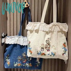 Lunivop Vintage Elegant Womens Tote Bag Blue Denim Aesthetic Embroidery Literary Sweet Shoulder