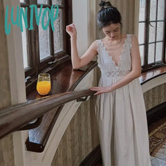 Lunivop Vintage Embroidery Nightgown Pure Cotton Night Dress Women Sexy Lace Sleeveless Sleepwear