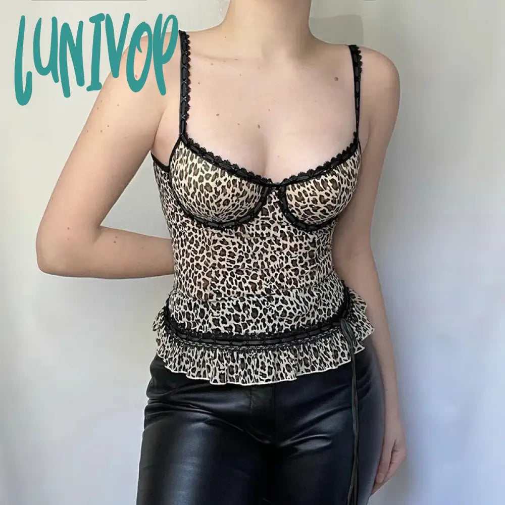 Lunivop Vintage Fashion Y2K Mesh Top Leopard Lace Spliced Ruffles Transparent Sexy Camisole Tops