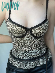 Lunivop Vintage Fashion Y2K Mesh Top Leopard Lace Spliced Ruffles Transparent Sexy Camisole Tops