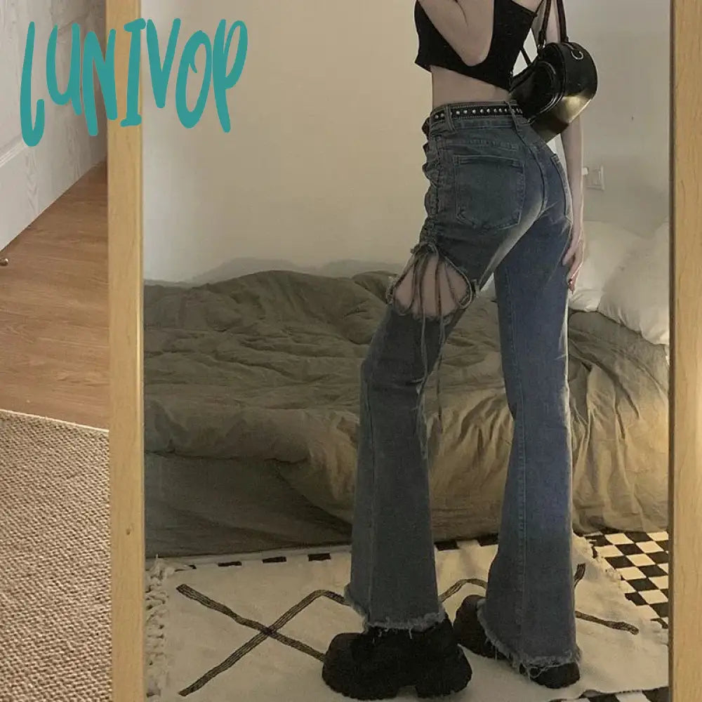 Lunivop Vintage Flare Jeans Women Y2K Sexy High Waist Hollow Out Shirring Denim Trousers Korean