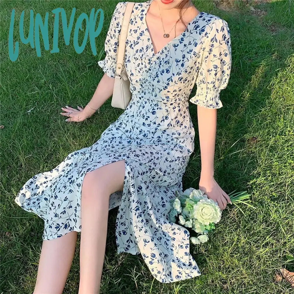 Lunivop Vintage Floral A Line Dress Women Sexy Slit Print V Neck Midi Retro Elegant Holiday Korean