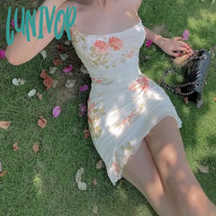 Lunivop Vintage Floral Dresses For Women Summer Vacation Cute Sexy Mesh Spaghetti Strap Bodycon