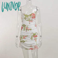 Lunivop Vintage Floral Dresses For Women Summer Vacation Cute Sexy Mesh Spaghetti Strap Bodycon