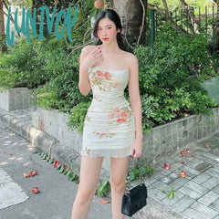 Lunivop Vintage Floral Dresses For Women Summer Vacation Cute Sexy Mesh Spaghetti Strap Bodycon