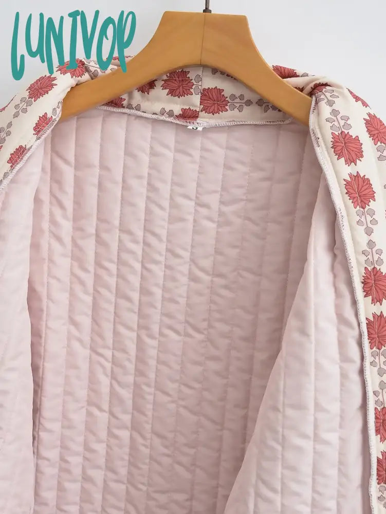 Lunivop Vintage Floral Print V-Neck Quilted Women Cotton Coat Open Front Long Sleeve Pocket Loose