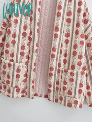 Lunivop Vintage Floral Print V-Neck Quilted Women Cotton Coat Open Front Long Sleeve Pocket Loose