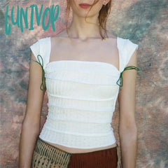 Lunivop Vintage Folds Bow Tie Strap Tank Top Y2K Fairycore Grunge French Mini Vest Retro Chic Women