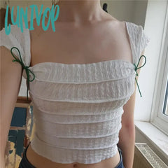 Lunivop Vintage Folds Bow Tie Strap Tank Top Y2K Fairycore Grunge French Mini Vest Retro Chic Women