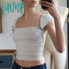 Lunivop Vintage Folds Bow Tie Strap Tank Top Y2K Fairycore Grunge French Mini Vest Retro Chic Women