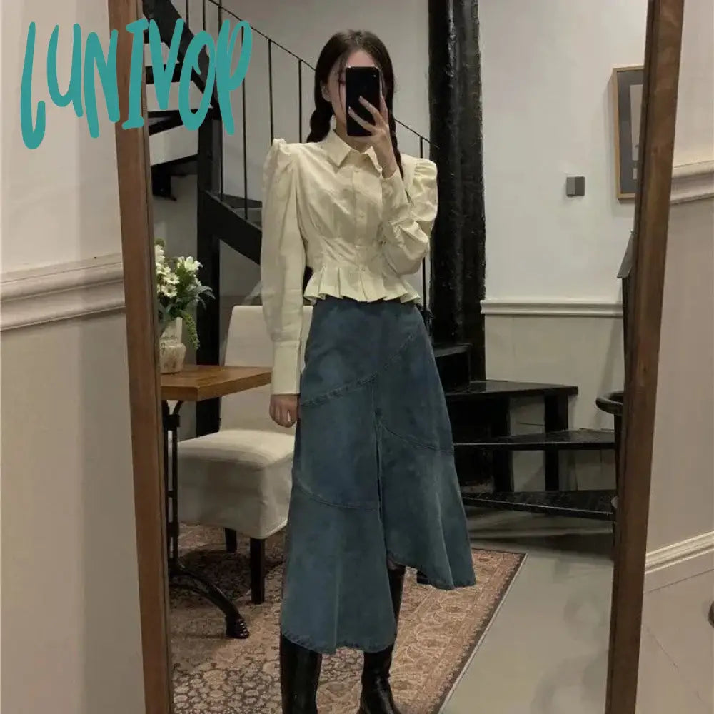 Lunivop Vintage Folds Shirts Women Korean Ruffles Puff Long Sleeve Crop Tops Streetwear Preppy Slim