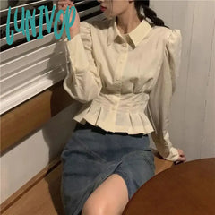 Lunivop Vintage Folds Shirts Women Korean Ruffles Puff Long Sleeve Crop Tops Streetwear Preppy Slim