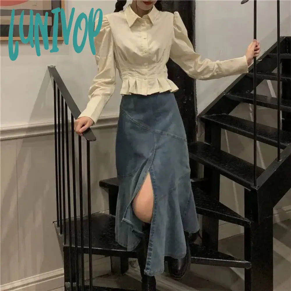 Lunivop Vintage Folds Shirts Women Korean Ruffles Puff Long Sleeve Crop Tops Streetwear Preppy Slim