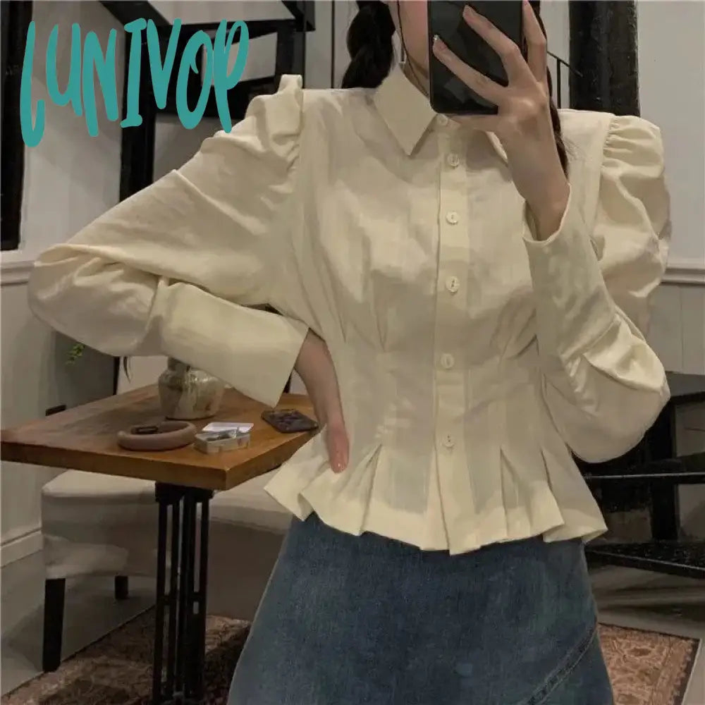 Lunivop Vintage Folds Shirts Women Korean Ruffles Puff Long Sleeve Crop Tops Streetwear Preppy Slim