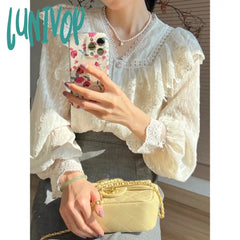 Lunivop Vintage French Women Shirts Lace Lolita Elegant Long Sleeve Flounce Blouse High Quality