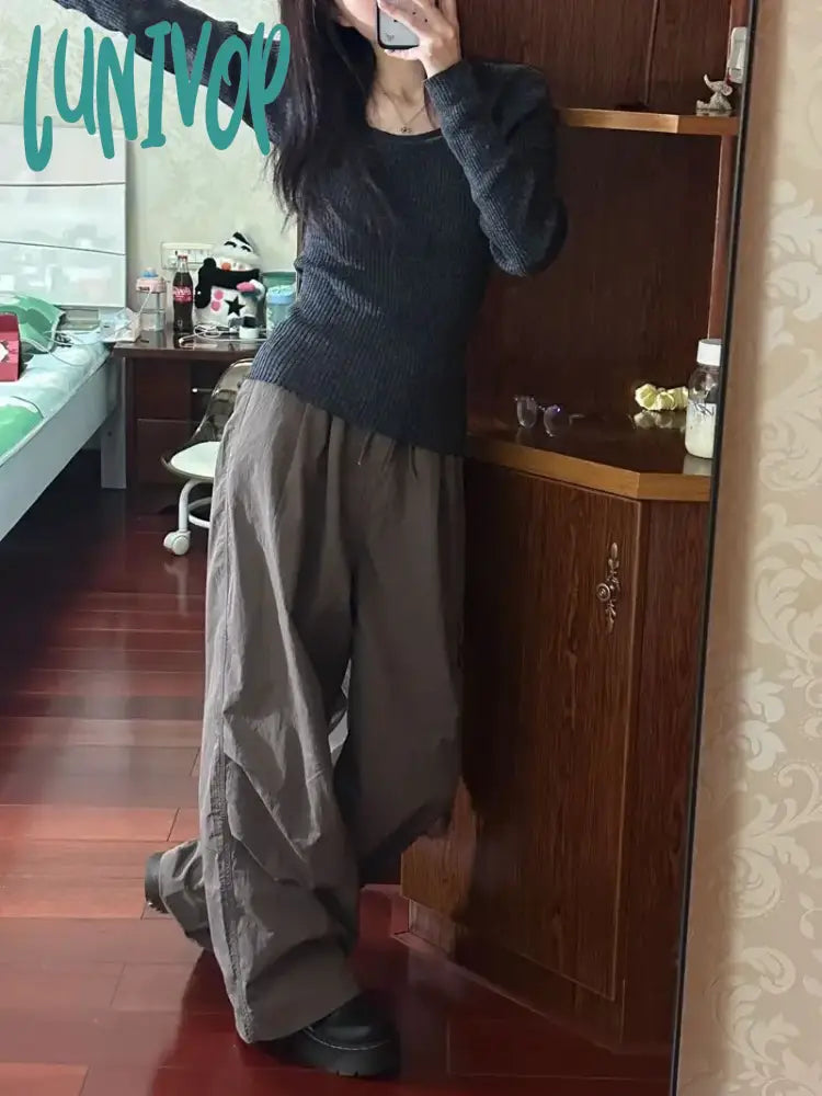 Lunivop Vintage Gray Knitted Sweater Women Solid Color Knitwears Slim Fit Pullover Crop Jumper Long