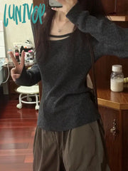 Lunivop Vintage Gray Knitted Sweater Women Solid Color Knitwears Slim Fit Pullover Crop Jumper Long