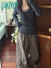 Lunivop Vintage Gray Knitted Sweater Women Solid Color Knitwears Slim Fit Pullover Crop Jumper Long