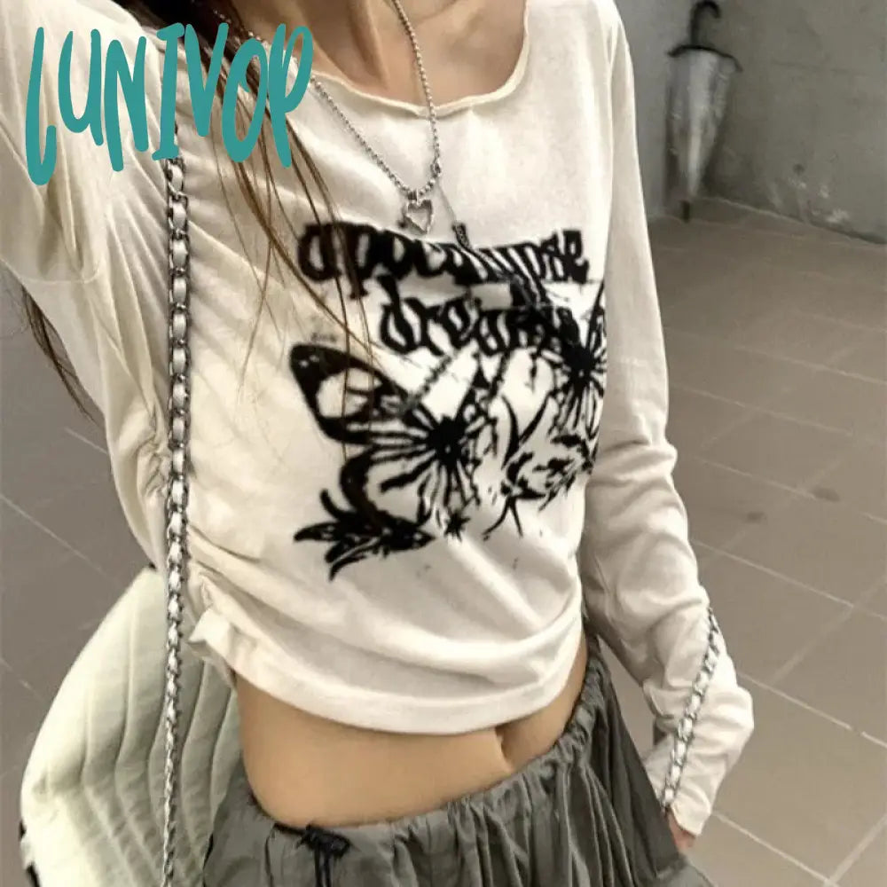 Lunivop Vintage Grunge Y2K Cropped Tshirt For Women Graphic Print Kpop Long Sleeve Summer Tees