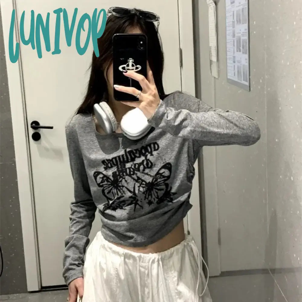 Lunivop Vintage Grunge Y2K Cropped Tshirt For Women Graphic Print Kpop Long Sleeve Summer Tees