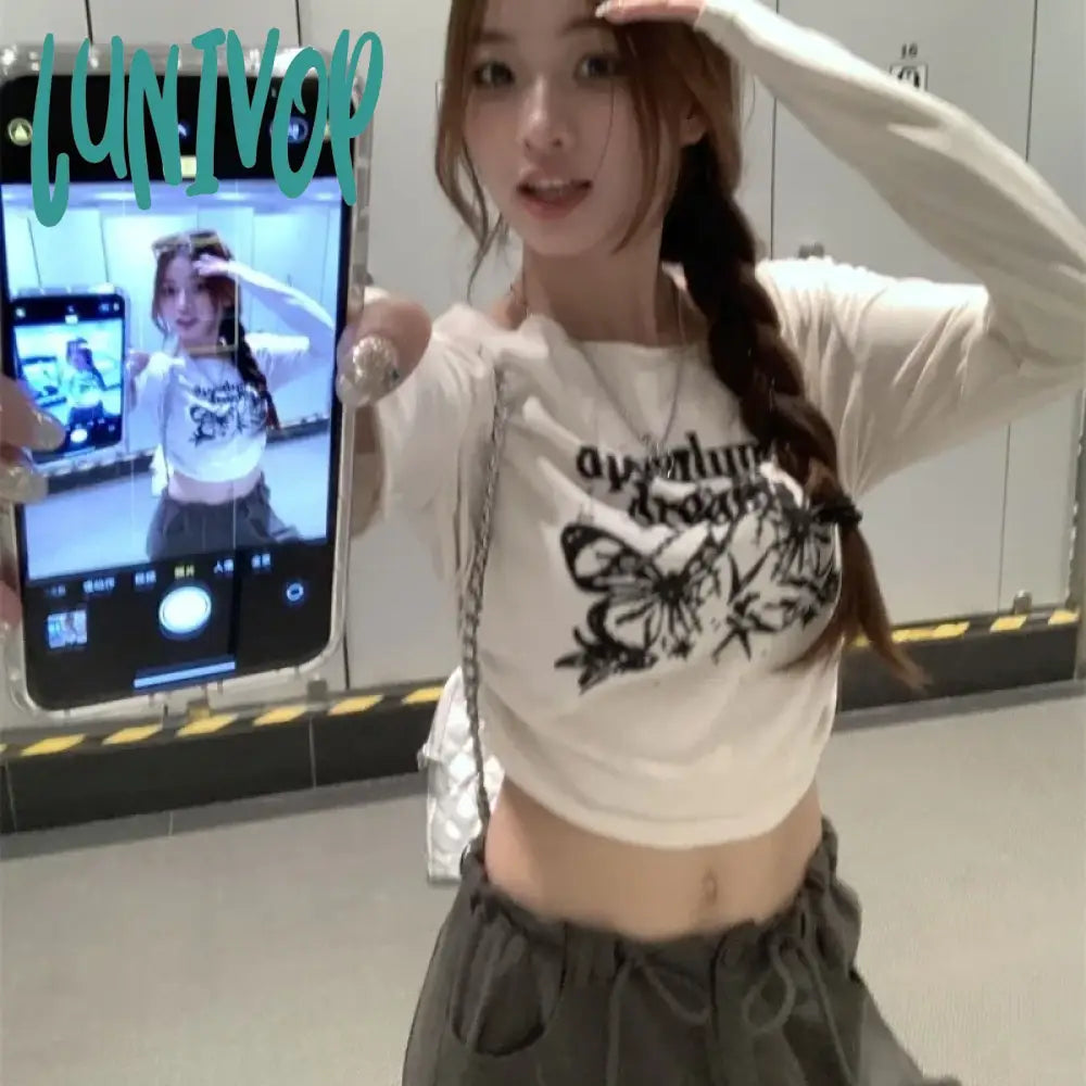 Lunivop Vintage Grunge Y2K Cropped Tshirt For Women Graphic Print Kpop Long Sleeve Summer Tees