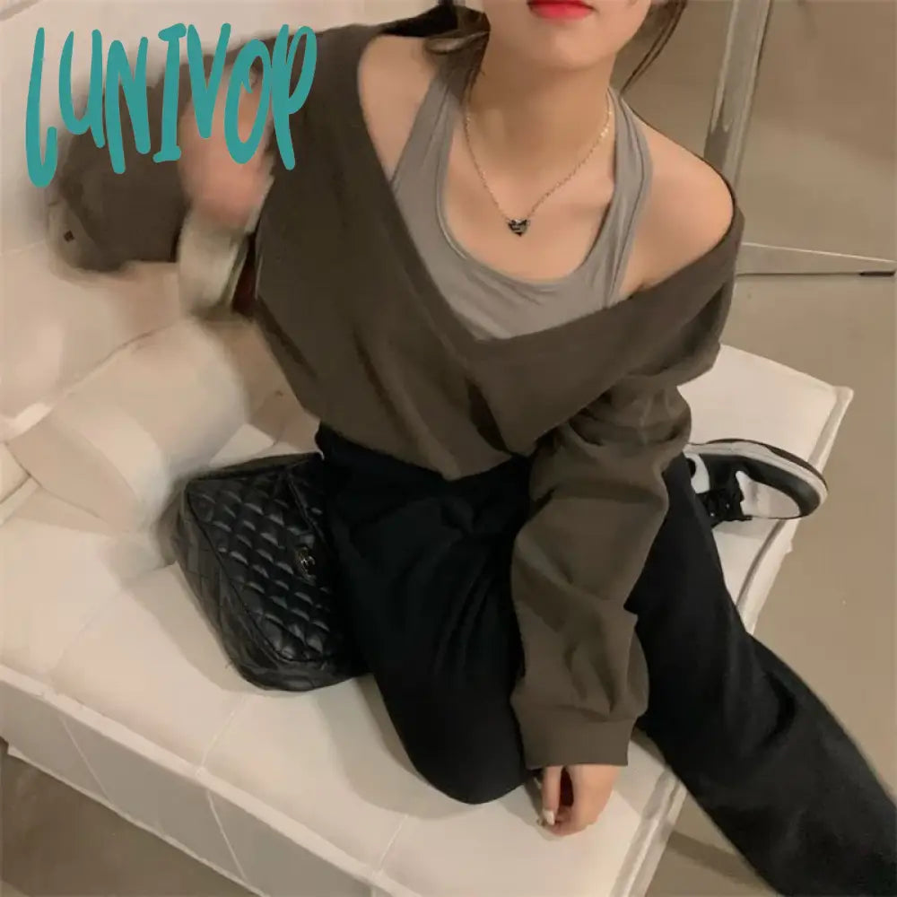Lunivop Vintage Harajuku Sweatshirts Women Kpop Gyaru Off Shoulder Y2K Streetwear Hoodie Oversized