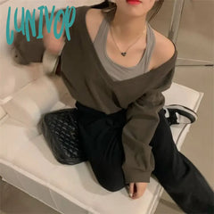Lunivop Vintage Harajuku Sweatshirts Women Kpop Gyaru Off Shoulder Y2K Streetwear Hoodie Oversized