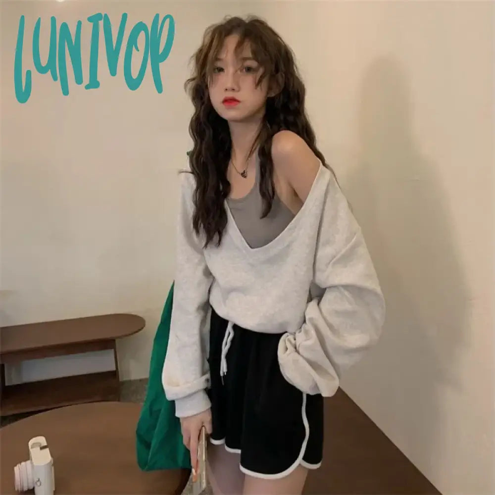 Lunivop Vintage Harajuku Sweatshirts Women Kpop Gyaru Off Shoulder Y2K Streetwear Hoodie Oversized