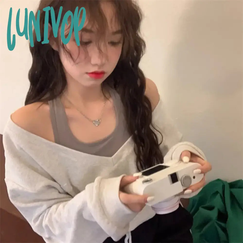 Lunivop Vintage Harajuku Sweatshirts Women Kpop Gyaru Off Shoulder Y2K Streetwear Hoodie Oversized