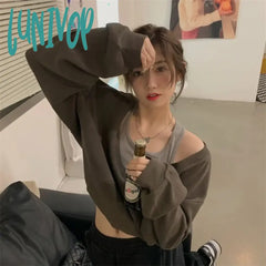 Lunivop Vintage Harajuku Sweatshirts Women Kpop Gyaru Off Shoulder Y2K Streetwear Hoodie Oversized