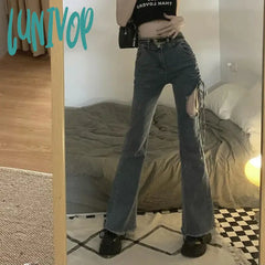 Lunivop Vintage Hollow Out Denim Pant Women Summer High Waist Slim Lace Up Flare Pants Fashion