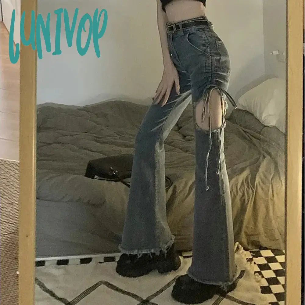 Lunivop Vintage Hollow Out Denim Pant Women Summer High Waist Slim Lace Up Flare Pants Fashion