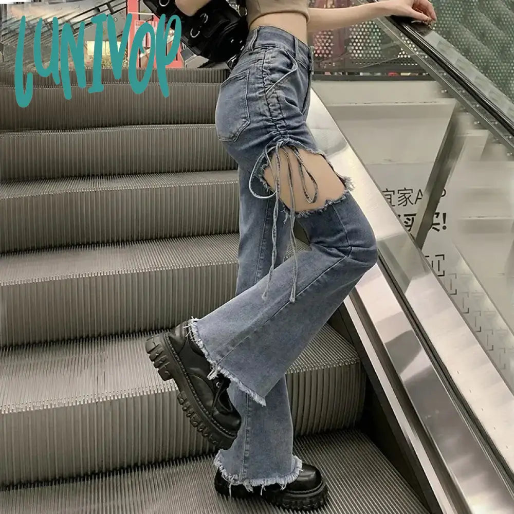 Lunivop Vintage Hollow Out Denim Pant Women Summer High Waist Slim Lace Up Flare Pants Fashion