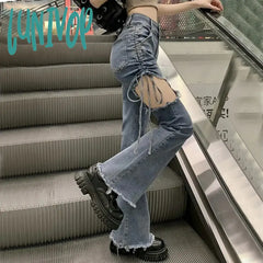Lunivop Vintage Hollow Out Denim Pant Women Summer High Waist Slim Lace Up Flare Pants Fashion