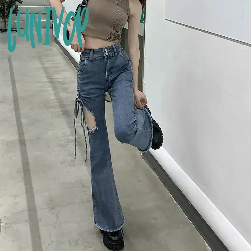 Lunivop Vintage Hollow Out Denim Pant Women Summer High Waist Slim Lace Up Flare Pants Fashion