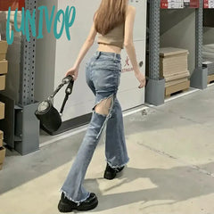 Lunivop Vintage Hollow Out Denim Pant Women Summer High Waist Slim Lace Up Flare Pants Fashion