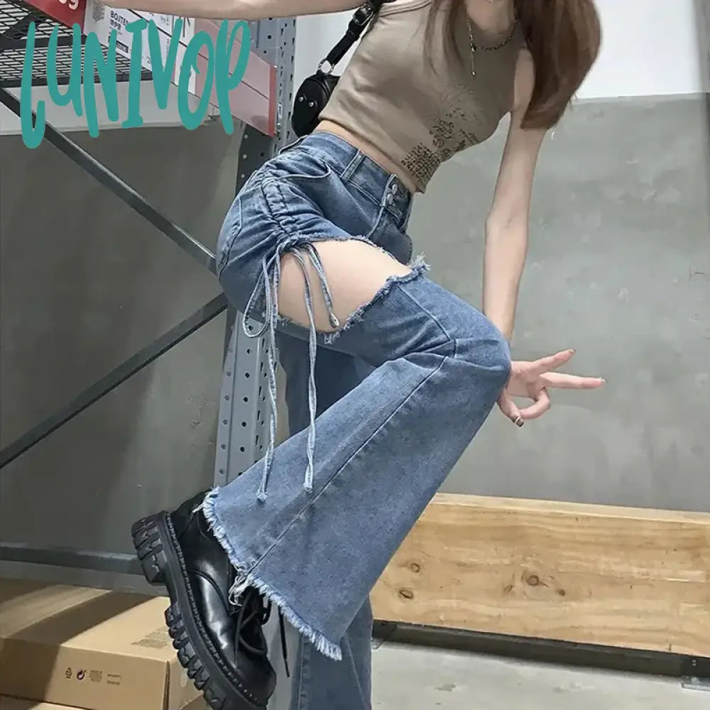 Lunivop Vintage Hollow Out Denim Pant Women Summer High Waist Slim Lace Up Flare Pants Fashion