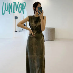 Lunivop Vintage Hollow Out Dress Women Print Sleeveless Long A Line Dresses Elegant Strapless Slim