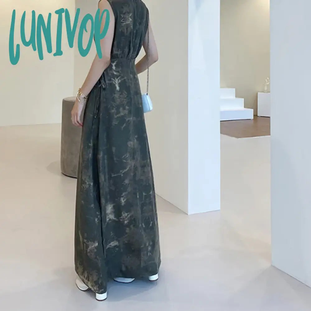 Lunivop Vintage Hollow Out Dress Women Print Sleeveless Long A Line Dresses Elegant Strapless Slim