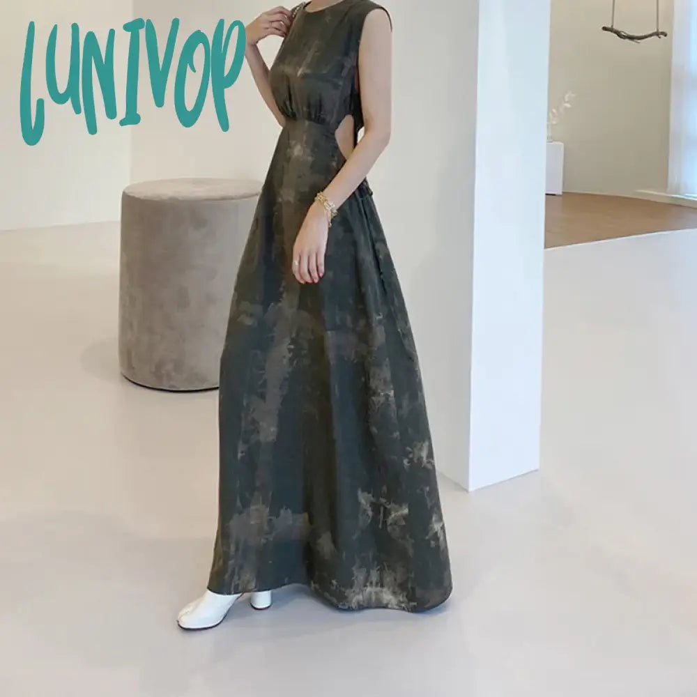 Lunivop Vintage Hollow Out Dress Women Print Sleeveless Long A Line Dresses Elegant Strapless Slim