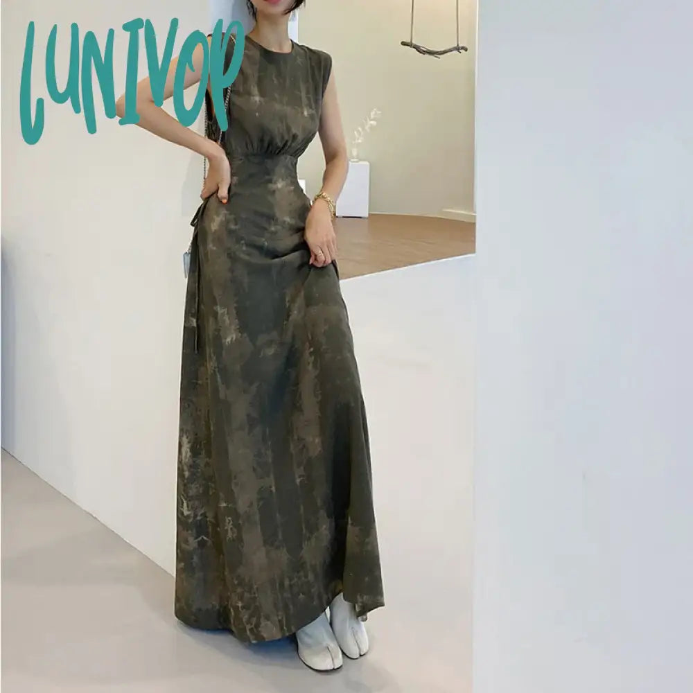 Lunivop Vintage Hollow Out Dress Women Print Sleeveless Long A Line Dresses Elegant Strapless Slim